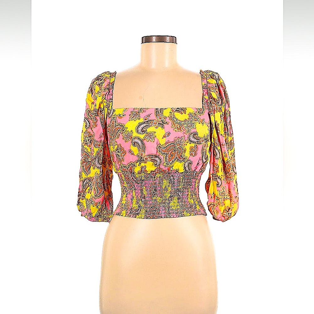 AFRM 3/4 Sleeve Smocked Crop Top with Button Back yellow/pink paisley print Sz S - Picture 2 of 9